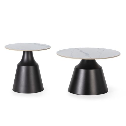 Ensemble De 2 Tables Basses Plateaux Céramique Imitation Marbre Blanc Pied Central En Métal - Reyli