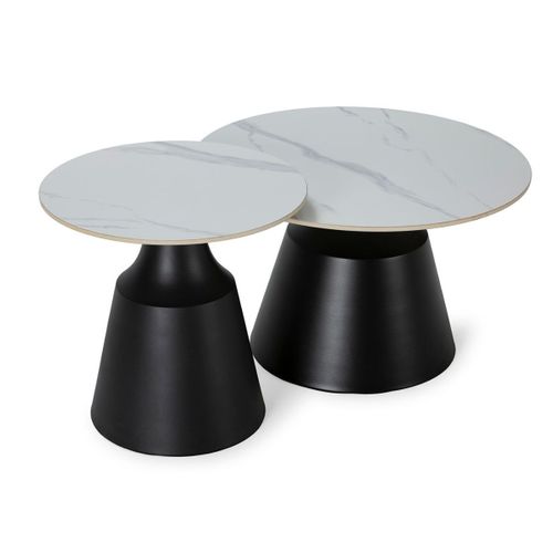 Ensemble De 2 Tables Basses Plateaux Céramique Imitation Marbre Blanc Pied Central En Métal - Reyli