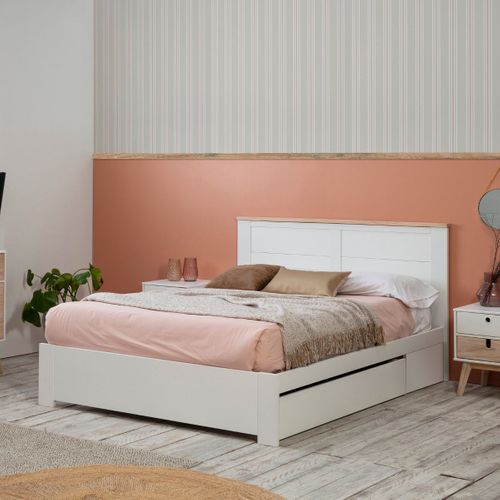 Lit 140x190cm Avec Tiroir En Mdf Et Pin Coloris Blanc Et Naturel - Celan