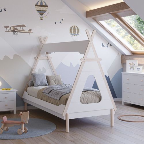 Lit Tipi 90x190 En Mdf Et Pin Massif Laqué Blanc Et Ciré Naturel - Nolian