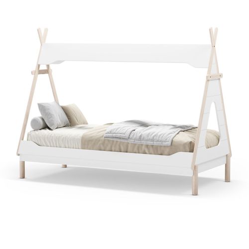 Lit Tipi 90x190 En Mdf Et Pin Massif Laqué Blanc Et Ciré Naturel - Nolian