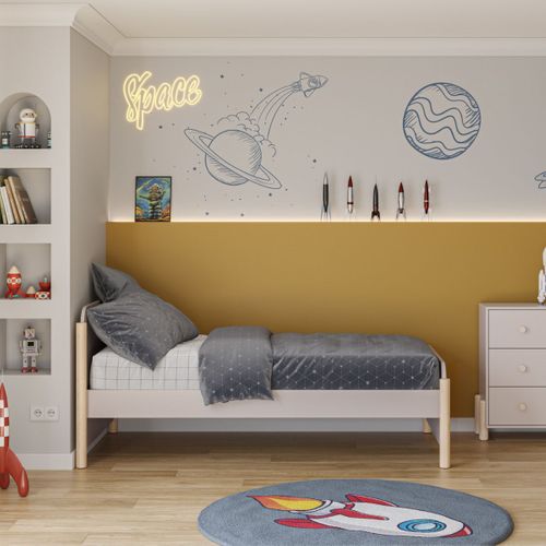 Lit 90x190 En Mdf Et Pin Massif Laqué Crème Pieds En Pin Naturel - Enora