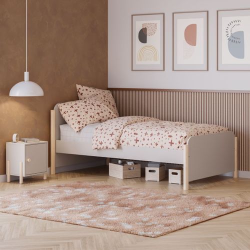 Lit 90x190 En Mdf Et Pin Massif Laqué Crème Pieds En Pin Naturel - Enora