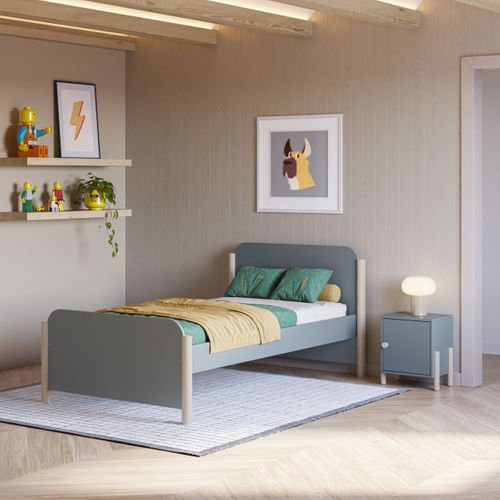 Lit 90x190 En Mdf Et Pin Massif Laqué Vert Kaki Pieds En Pin Naturel - Enora