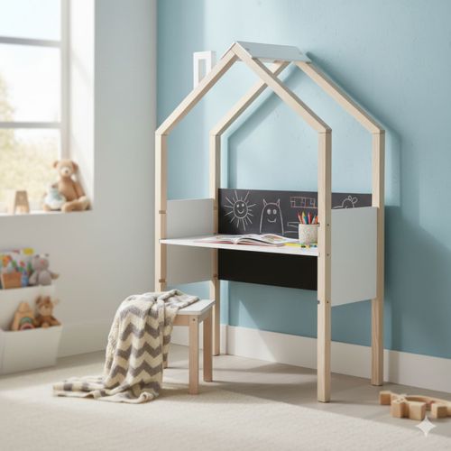 Bureau Forme Cabane En Pin Naturel Et Mdf Laqué Blanc Avec Plateau Hauteur Réglable Et Tableau Ardo