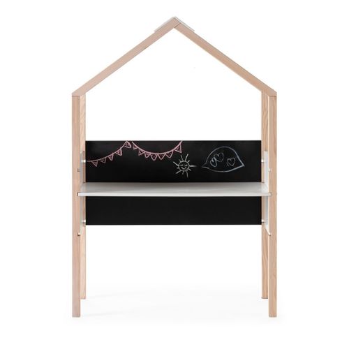 Bureau Forme Cabane En Pin Naturel Et Mdf Laqué Blanc Avec Plateau Hauteur Réglable Et Tableau Ardo