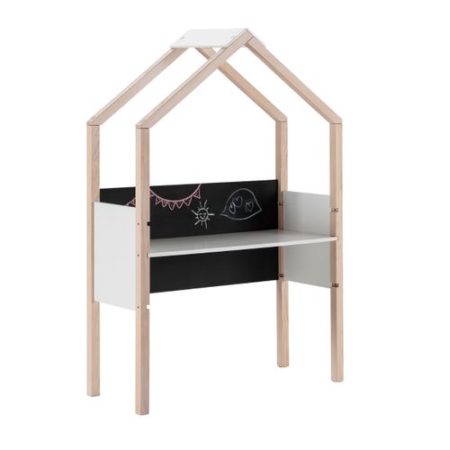 Bureau Forme Cabane En Pin Naturel Et Mdf Laqué Blanc Avec Plateau Hauteur Réglable Et Tableau Ardo