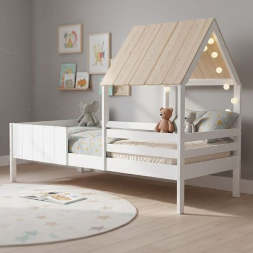 Lit à Barrières 90x190 Avec Tête De Lit Cabane En Mdf Laqué Blanc Et Pin Naturel - Nadia