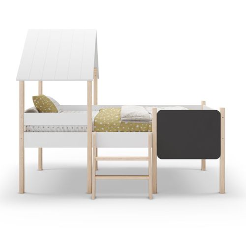 Lit Surélevé à Barrières 90x190 Avec Tête De Lit Cabane En Mdf Laqué Blanc Et Pin Naturel - Tynie