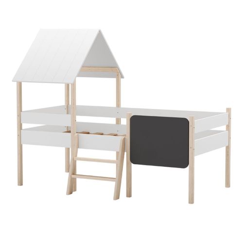 Lit Surélevé à Barrières 90x190 Avec Tête De Lit Cabane En Mdf Laqué Blanc Et Pin Naturel - Tynie