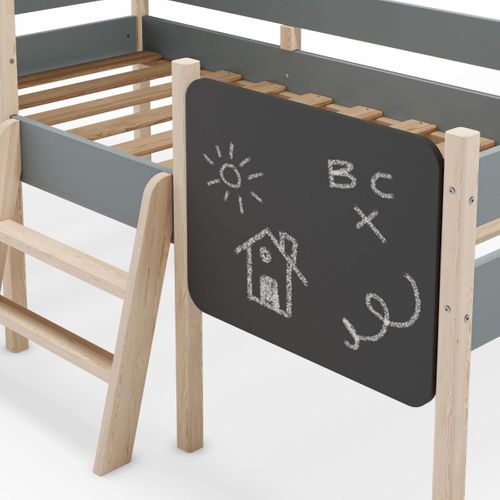 Lit Surélevé à Barrières 90x190 Avec Tête De Lit Cabane En Mdf Laqué Vert Kaki Et Pin Naturel - Tyn