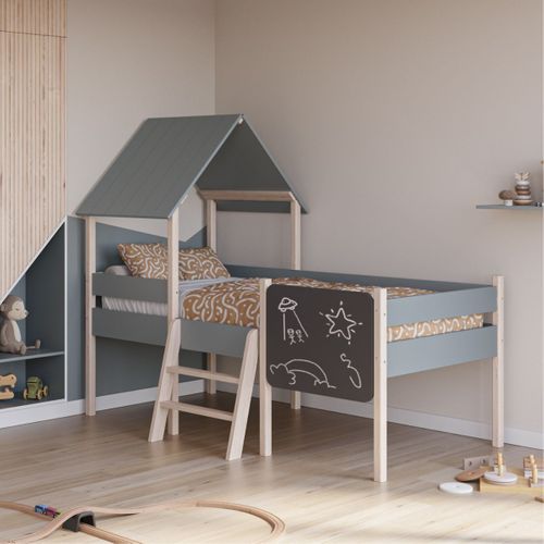 Lit Surélevé à Barrières 90x190 Avec Tête De Lit Cabane En Mdf Laqué Vert Kaki Et Pin Naturel - Tyn