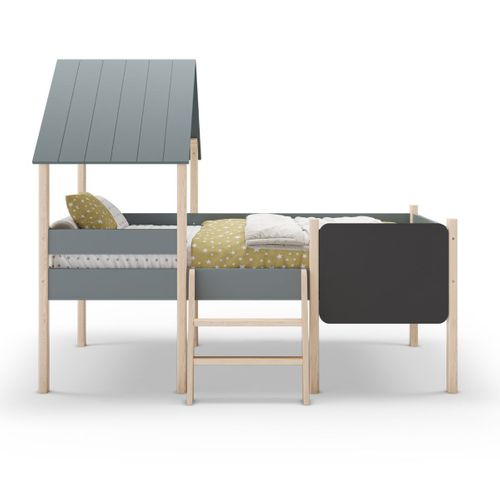 Lit Surélevé à Barrières 90x190 Avec Tête De Lit Cabane En Mdf Laqué Vert Kaki Et Pin Naturel - Tyn
