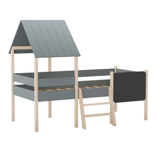 Lit Surélevé à Barrières 90x190 Avec Tête De Lit Cabane En Mdf Laqué Vert Kaki Et Pin Naturel - Tyn