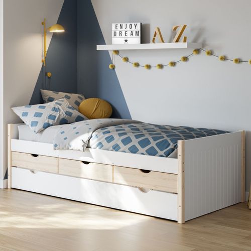 Lit Gigogne 90x190 En Pin Massif Et Mdf Laqué Blanc Avec Rangement 3 Tiroirs - Vaklav