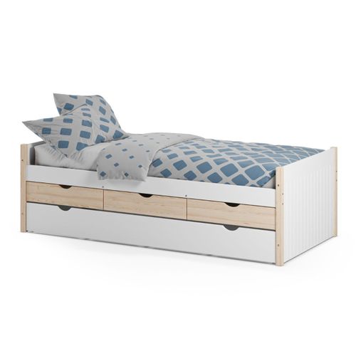 Lit Gigogne 90x190 En Pin Massif Et Mdf Laqué Blanc Avec Rangement 3 Tiroirs - Vaklav
