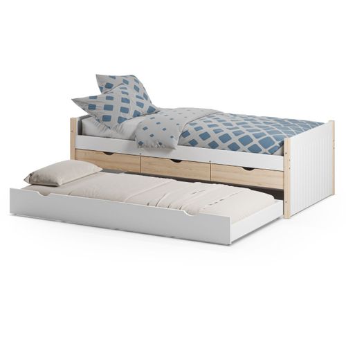 Lit Gigogne 90x190 En Pin Massif Et Mdf Laqué Blanc Avec Rangement 3 Tiroirs - Vaklav