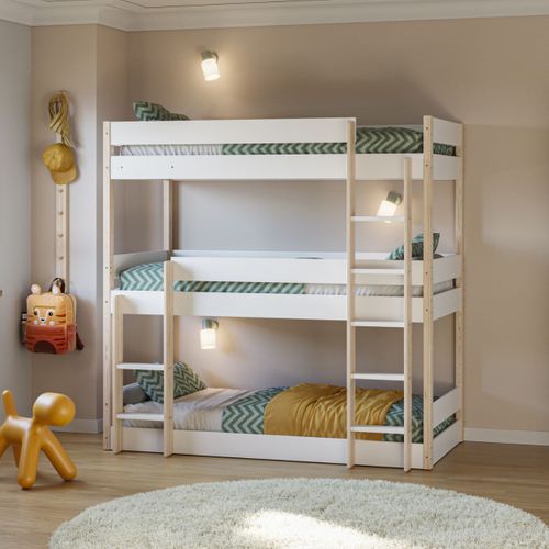 Lit Superposé 3 Couchages 90x190 En Mdf Laqué Blanc Et Pin Naturel - Somis