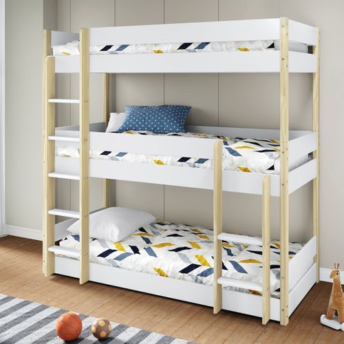 Lit Superposé 3 Couchages 90x190 En Mdf Laqué Blanc Et Pin Naturel - Somis