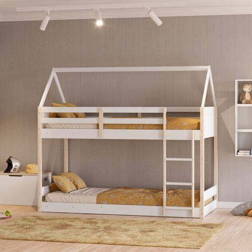 Lit Superposé Avec Premier Couchage Au Sol 90x190 En Mdf Laqué Blanc Et Pin Naturel - Lilas