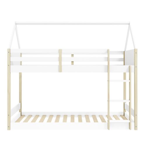 Lit Superposé Avec Premier Couchage Au Sol 90x190 En Mdf Laqué Blanc Et Pin Naturel - Lilas