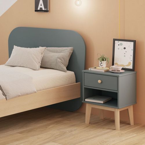 Chevet 1 Tiroir Et 1 Niche En Pin Massif Et Mdf Laqué Vert Kaki Et Naturel - Kaina