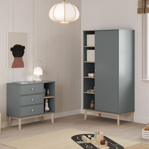 Penderie 1 Porte Et 4 Niches En Pin Massif Et Mdf Laqué Vert Kaki Et Naturel - Kaina