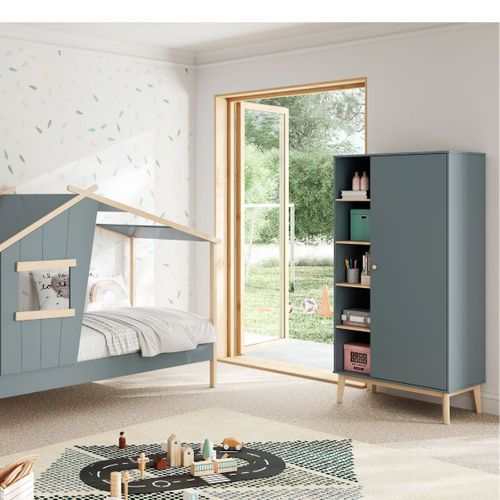 Penderie 1 Porte Et 4 Niches En Pin Massif Et Mdf Laqué Vert Kaki Et Naturel - Kaina