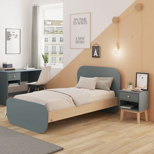 Lit 90x190 Tête Et Pied De Lit Arrondis En Pin Massif Naturel Et Mdf Laqué Vert Kaki - Kaina