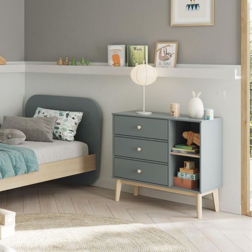 Commode 2 Tiroirs Et 2 Niches En Pin Massif Et Mdf Laqué Vert Kaki Et Naturel - Kaina