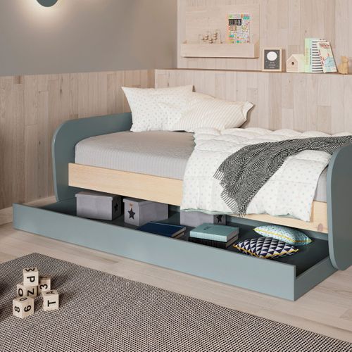 Lit 90x190 Avec Tiroir Tête Et Pied De Lit Arrondis En Pin Massif Naturel Et Mdf Laqué Vert Kaki -