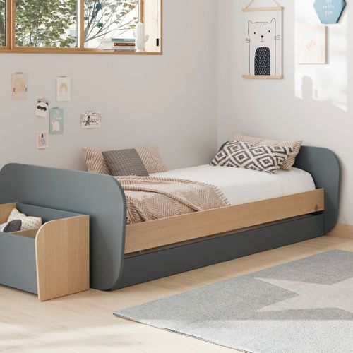 Lit 90x190 Avec Tiroir Tête Et Pied De Lit Arrondis En Pin Massif Naturel Et Mdf Laqué Vert Kaki -