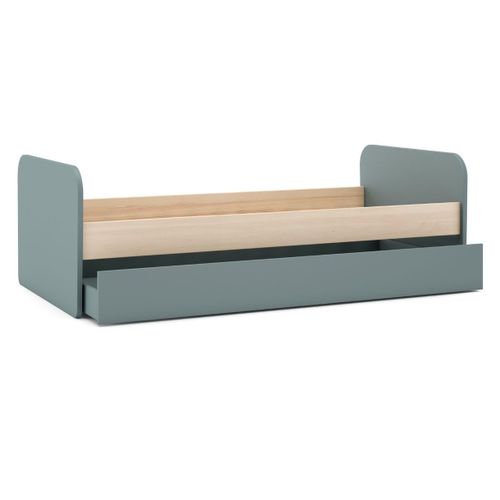 Lit 90x190 Avec Tiroir Tête Et Pied De Lit Arrondis En Pin Massif Naturel Et Mdf Laqué Vert Kaki -