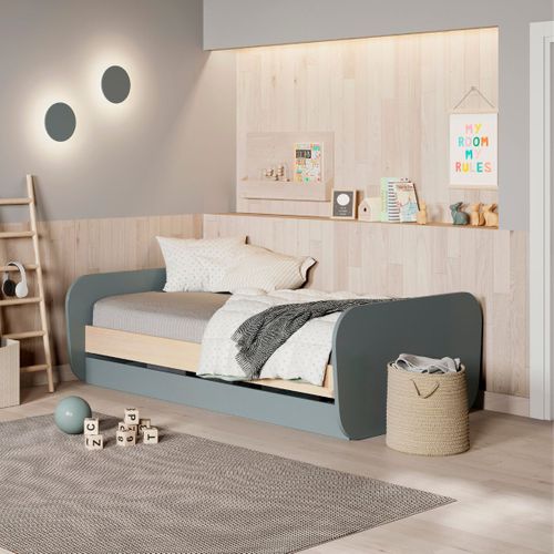 Lit 90x190 Avec Tiroir Tête Et Pied De Lit Arrondis En Pin Massif Naturel Et Mdf Laqué Vert Kaki -