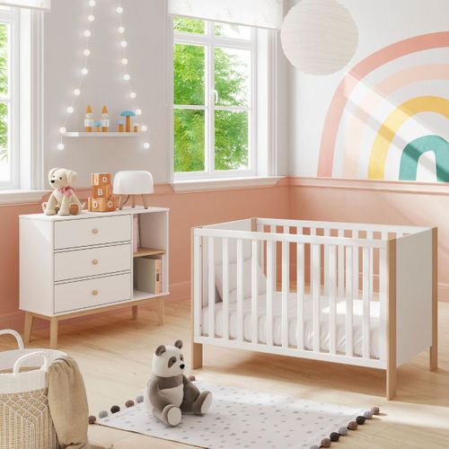 Commode 2 Tiroirs Et 2 Niches En Pin Massif Et Mdf Laqué Blanc Et Naturel - Kaina