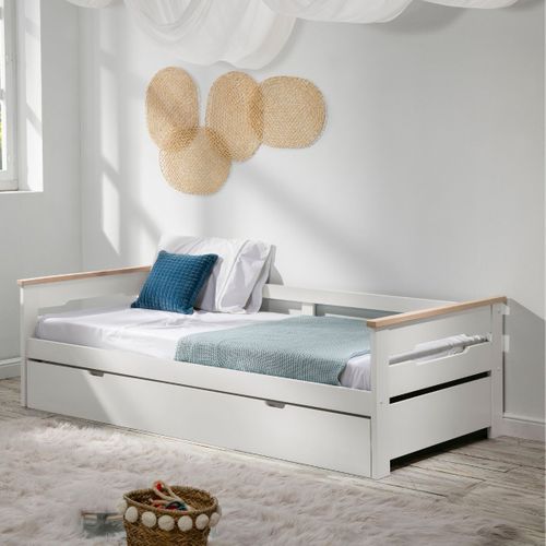 Lit Banquette Gigogne 90x190 En Mdf Laqué Blanc Et Pin Massif Naturel - Elisiane