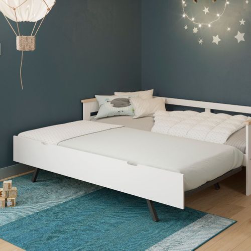 Lit Banquette Gigogne 90x190 En Mdf Laqué Blanc Et Pin Massif Naturel - Elisiane