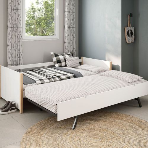 Lit Banquette Gigogne 90x190 En Mdf Laqué Blanc Et Pin Massif Naturel - Lily