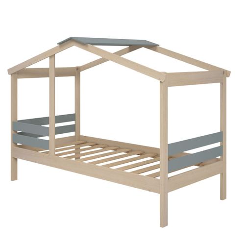 Lit Cabane 90x190 Avec Barrière En Pin Massif Naturel Et Mdf Laqué Vert Kaki - Messa