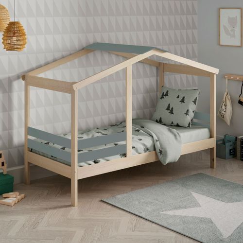 Lit Cabane 90x190 Avec Barrière En Pin Massif Naturel Et Mdf Laqué Vert Kaki - Messa