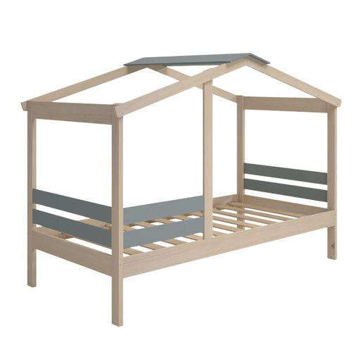 Lit Cabane 90x190 Avec Barrière En Pin Massif Naturel Et Mdf Laqué Vert Kaki - Messa