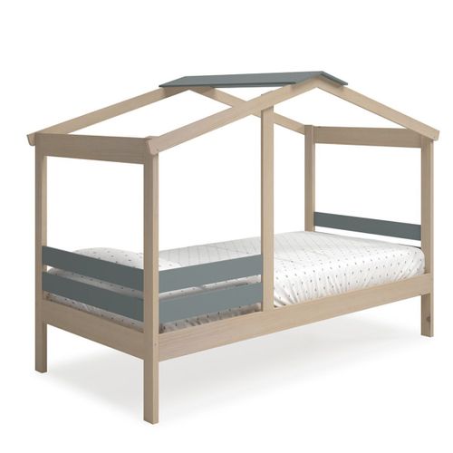 Lit Cabane 90x190 Avec Barrière En Pin Massif Naturel Et Mdf Laqué Vert Kaki - Messa