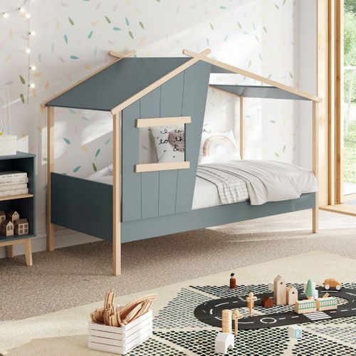 Lit Maison 90x190 Avec Fenêtre En Pin Massif Naturel Et Mdf Laqué Vert Kaki - Lubina