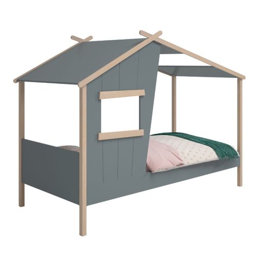 Lit Maison 90x190 Avec Fenêtre En Pin Massif Naturel Et Mdf Laqué Vert Kaki - Lubina