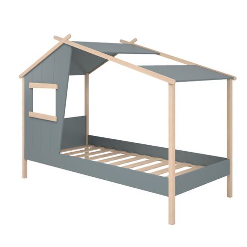 Lit Maison 90x190 Avec Fenêtre En Pin Massif Naturel Et Mdf Laqué Vert Kaki - Lubina