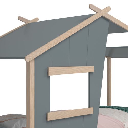 Lit Maison 90x190 Avec Fenêtre En Pin Massif Naturel Et Mdf Laqué Vert Kaki - Lubina