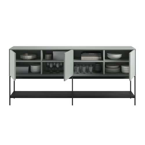 Buffet 3 Portes 1 Niches En Mélaminé Vert Sauge Et Piètement Avec Étagère En Métal Laqué Noir - Mir