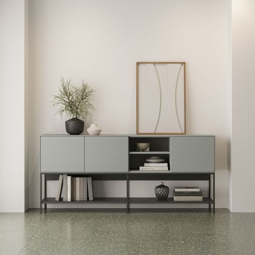 Buffet 3 Portes 1 Niches En Mélaminé Vert Sauge Et Piètement Avec Étagère En Métal Laqué Noir - Mir