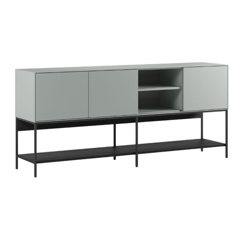 Buffet 3 Portes 1 Niches En Mélaminé Vert Sauge Et Piètement Avec Étagère En Métal Laqué Noir - Mir