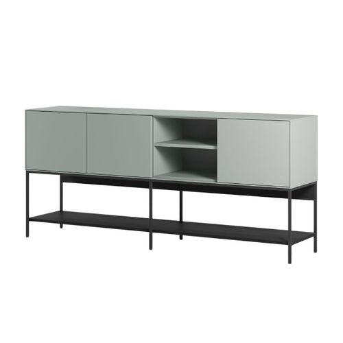 Buffet 3 Portes 1 Niches En Mélaminé Vert Sauge Et Piètement Avec Étagère En Métal Laqué Noir - Mir